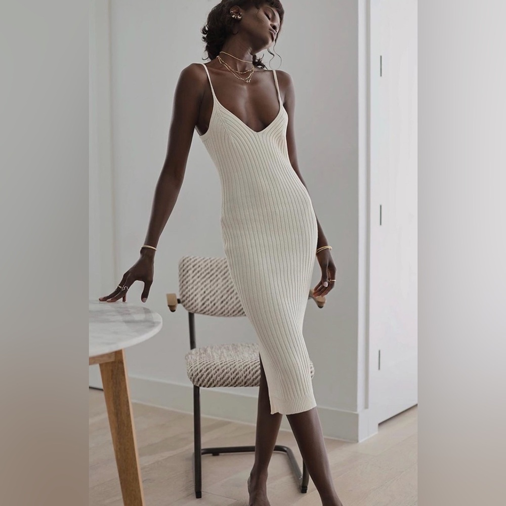 Trois The Label Sims Knit Ribbed Cotton Midi Dress Ivory/Off White - Size 0